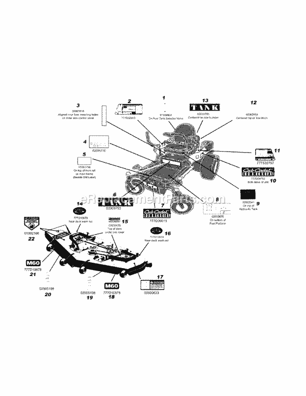 Decal Map Diagram and Parts List for M60-KW 53AJ8CT6050 Cub Cadet Sprayer